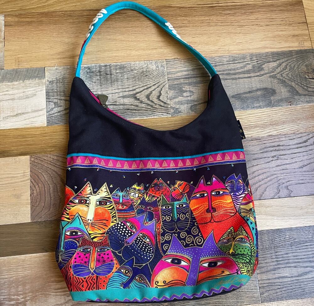 Laurel Burch Colorful Cats Medium Scoop Canvas Hobo Shoulder Bag Purse 14"